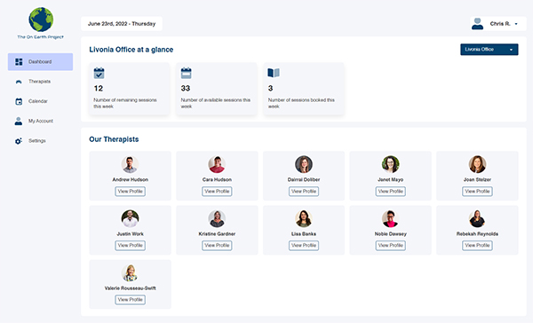 Screenshot of The On Earth Counseling Project's Therapist Dashboard and Scheduler